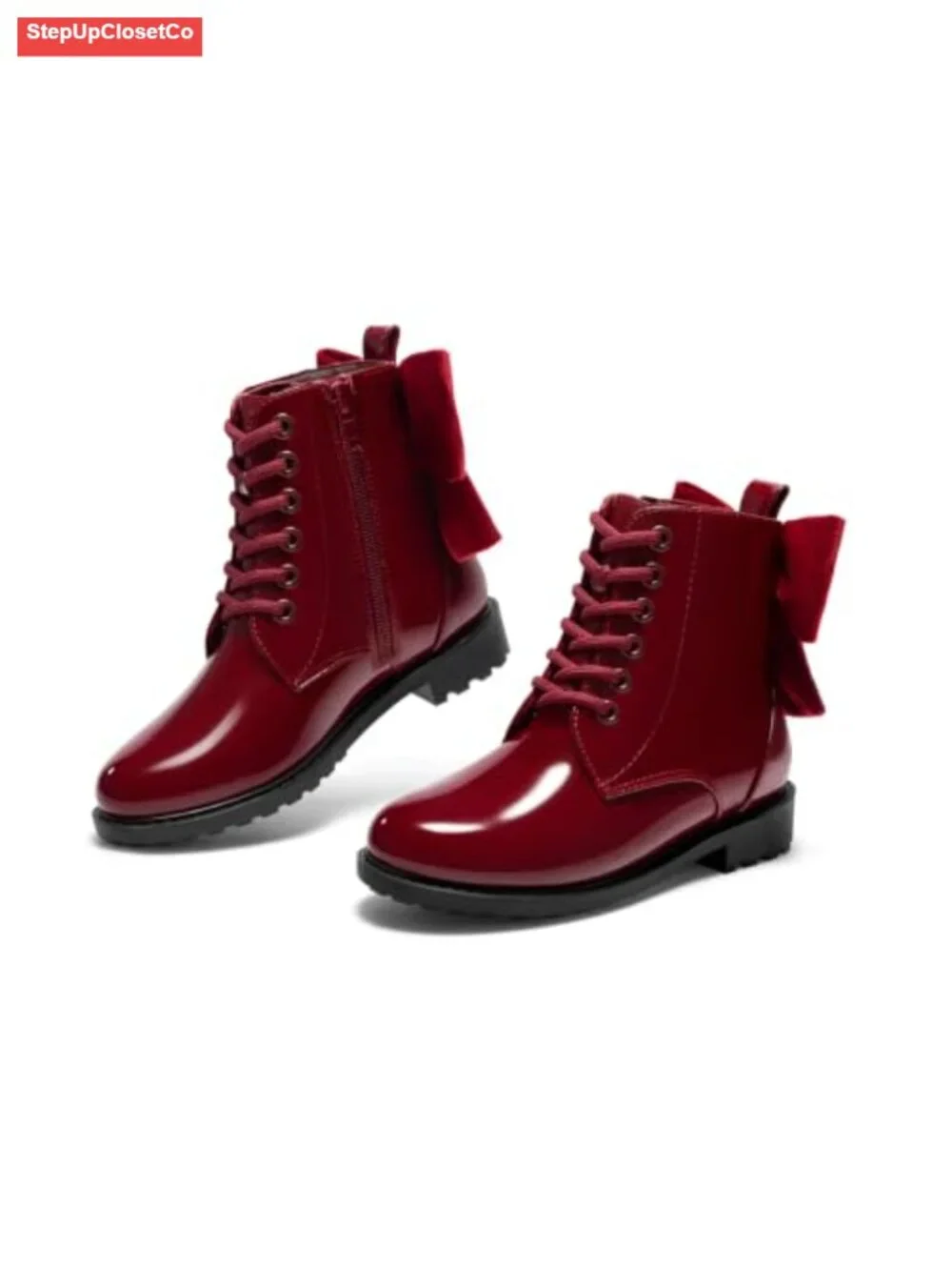 Girls Combat Ankle Boots Bow Lace Up Side Zipper Chunky Heel Faux Leather